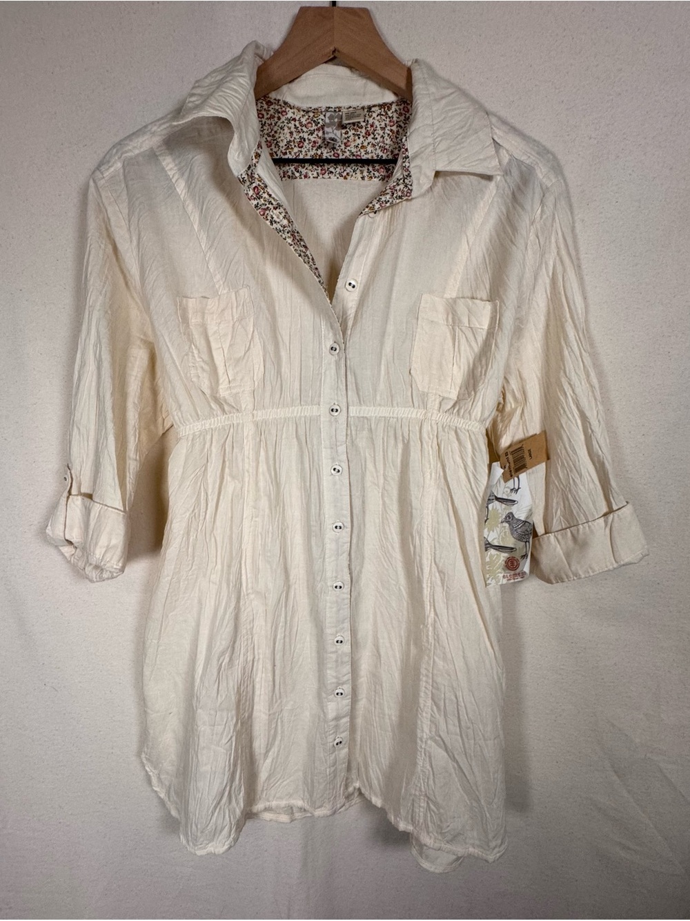 Element Ivory Babydoll Tunic Button Front, Crinkled 100% Cotton roll tab sleeves